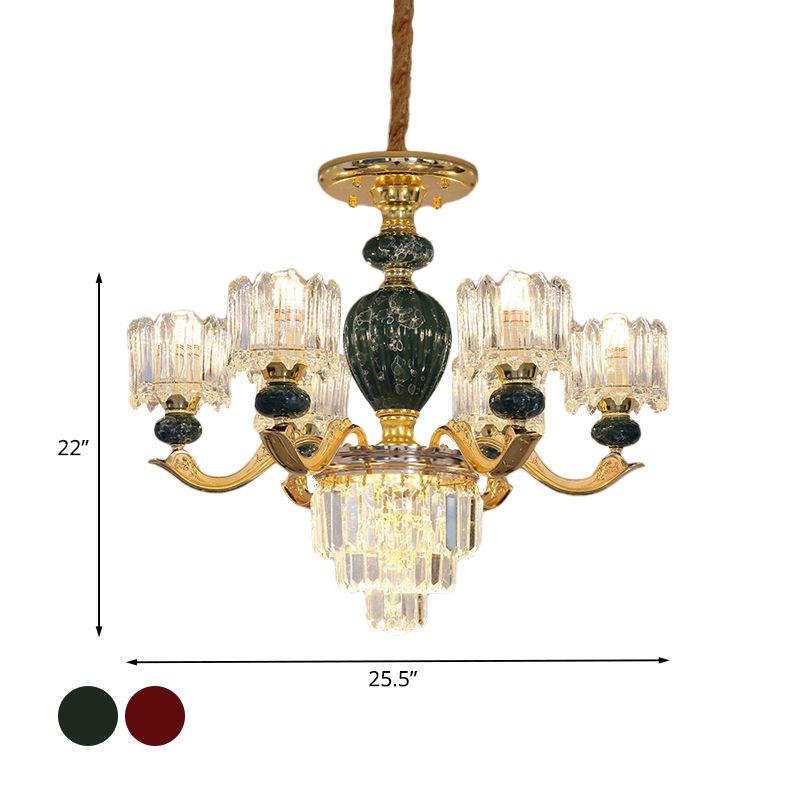 Traditional Urn Hanging Chandelier 6 Bulbs Crystal Hanging Ceiling Lamp in Red/Green with Drum Shade