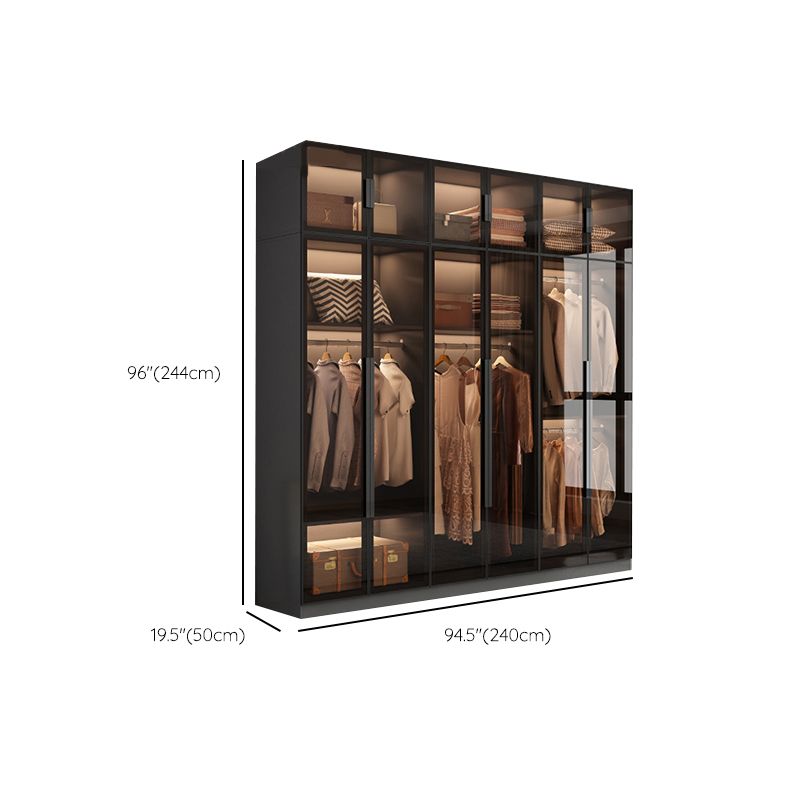 Freestanding Grey Wood Frame Wardrobe Modern Multifunctional Wardrobe with Glass Doors