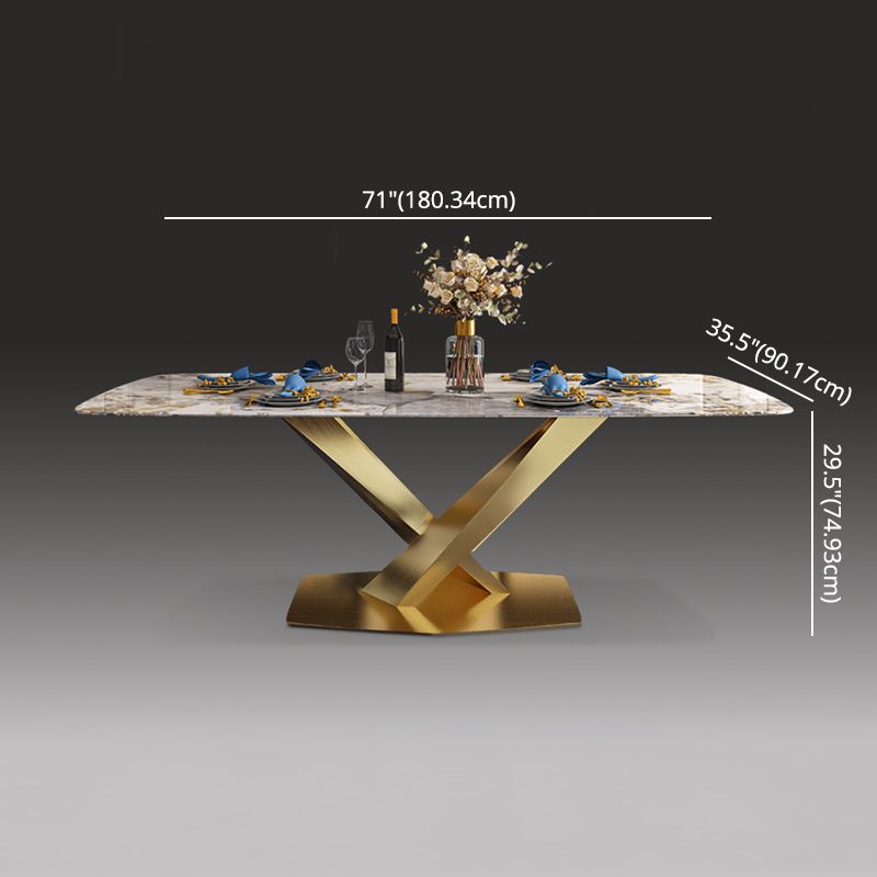 Minimalist Style Sintered Stone Dining Room Set with White Table and Gold Trestle Base for Home Use