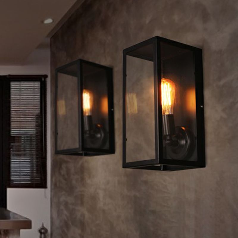 Klares Glas rechteckiger Kastenwand Lampe Einfachheit 1 Kopfkorridorwandleuchte in Schwarz