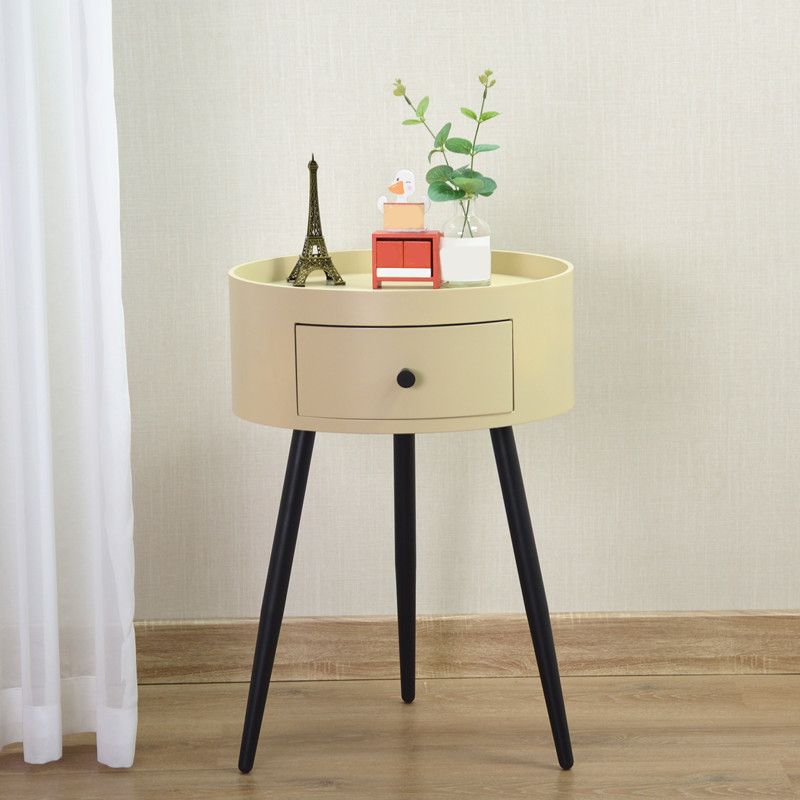 Contemporary Round Night Table with Drawer Metal Tripod Nightstand