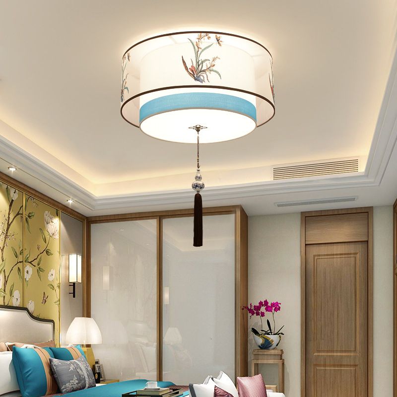 Geometric Wrought Iron Ceiling Light in Traditional Simplicity Fabrics Indoor Flush Mount with Ceramic Flower Decoration