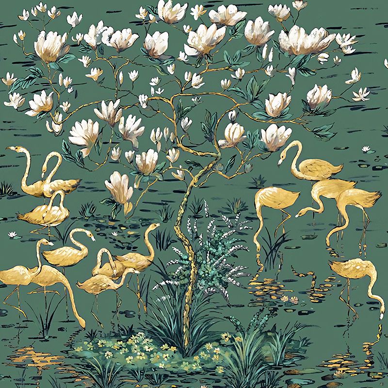 Large Tropix Wall Murals in Dark Color Flamingo and Lotus Pond Pattern Wall Covering, Optional Size