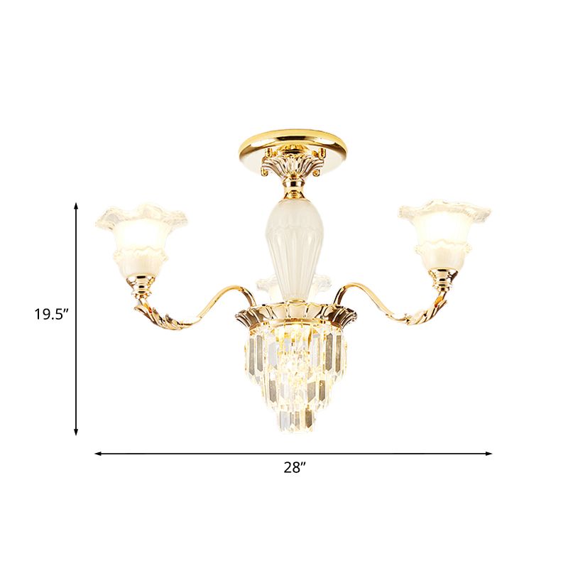 Bellflower Frosted Glass Semi-Flush Light Modern 3/6-Bulb Bedroom Ceiling Mount Chandelier with Crystal Bottom in Gold