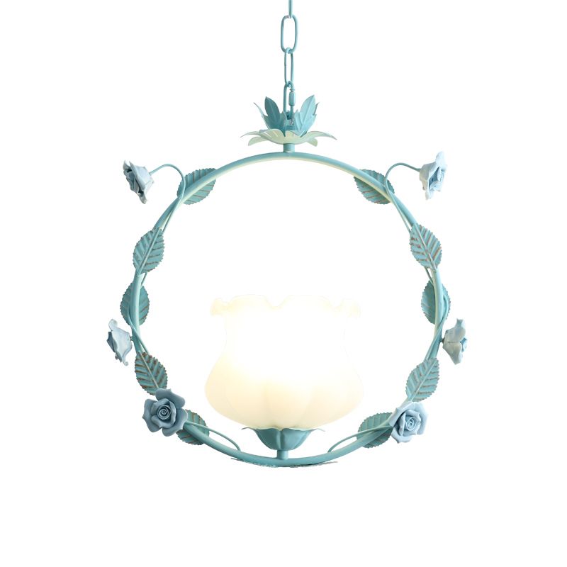 Pastoral Bud Ceiling Light Single-Bulb Cream Glass Hanging Pendant Light with Floral Hoop