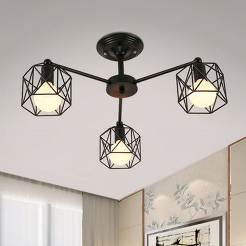 Iron Hexagonal Cage Suspension Light Simplicity Clothes Shop Chandelier Light in Black