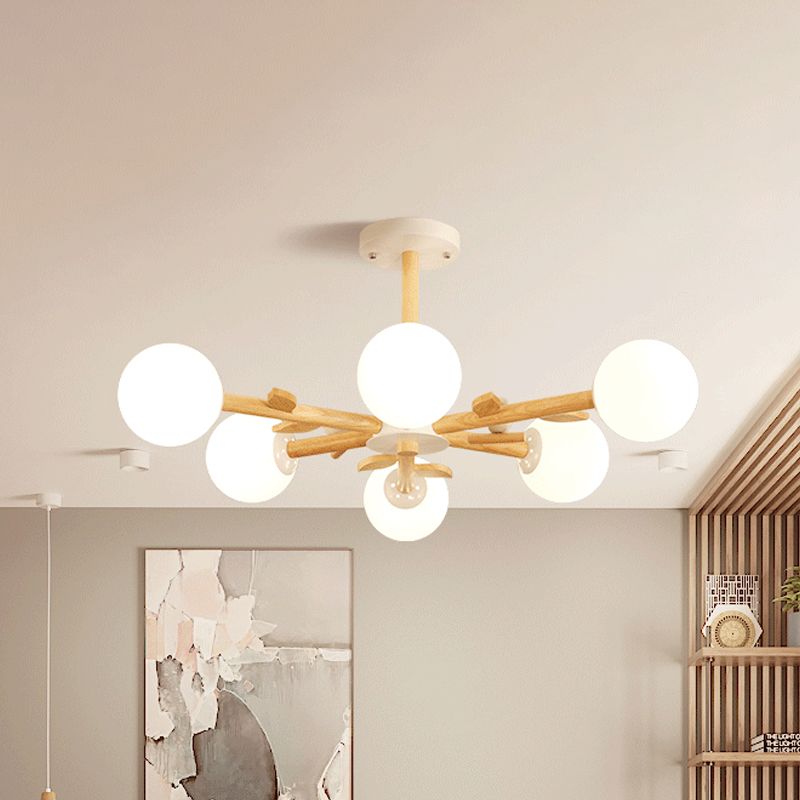 Radial Ceiling Mount Chandelier Nordic Wood 3/6-Bulb Bedroom Semi Mount Lighting with White Glass Shade and Bird Decor