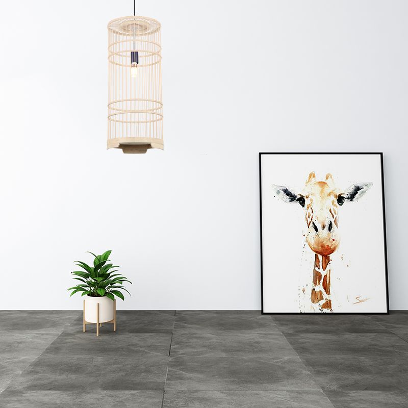 Cylindrical Shade Hanging Light Asian Style Bamboo 1-Bulb Beige Pendant Lamp for Dining Room