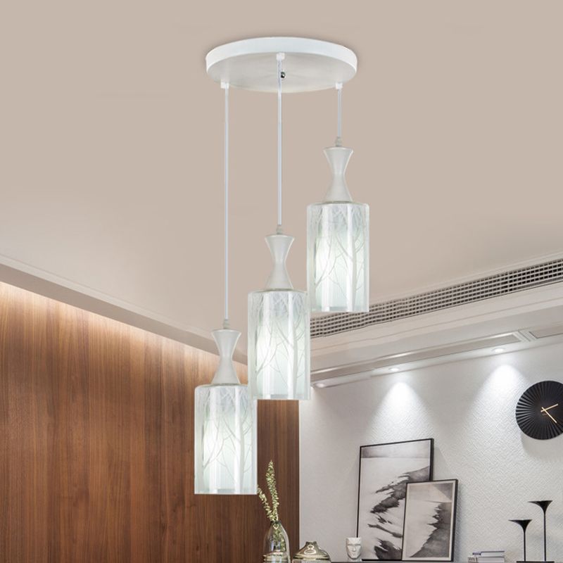 3 Heads Dining Room Multi Ceiling Light Contemporary White Pendant Lamp with Cylinder Patterned Glass Shade
