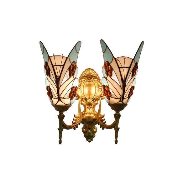 Tiffany Style Butterfly Wall Fixture Light Stained Glass 2 Heads Wall Sconce Lighting in Blue for Bedroom