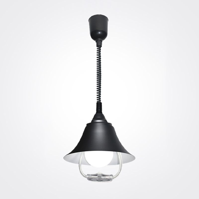 Luz de colgante en forma de campana negra lámpara de suspensión de metal de 1 bombilla nórdica con cable elástico y mango