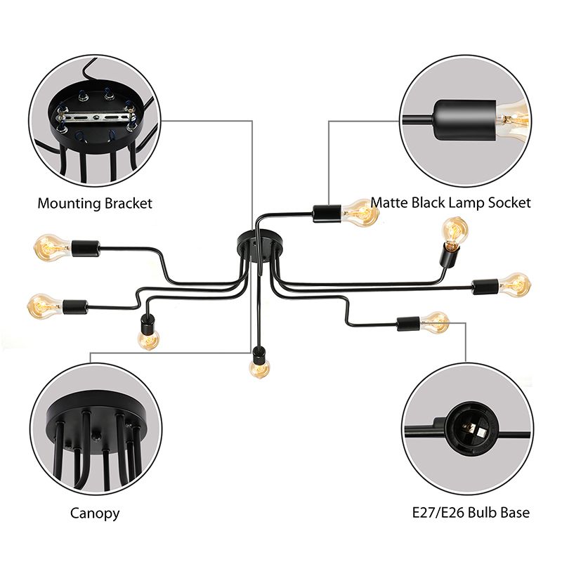 Retro techo expuesto con lámparas semiincorporadas de metal ligero incrustadas 4 / 6, con diseño de latón antiguo / Sputnik negro