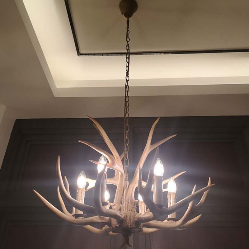 6 lumières Lautres Plafond Horn Pendant Rural Rural Brown Resin Chandelier Lampe pour le salon