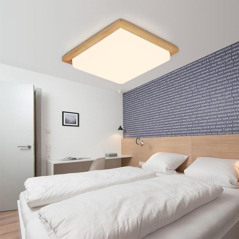 Square Ceiling Mounted Light Modernism Acrylic Beige LED Flush Mount Lamp with Wood Canopy in White/Warm Light, 12.5"/14"/18"/22"/26" Wide