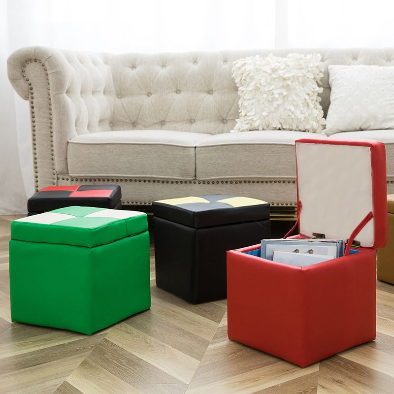 Modern Square Storage Ottoman Contrast Color PU Leather with Storage Pouf Chair