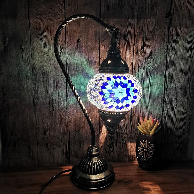 1-Light Gooseneck Table Light Turkish Style Bronze Handcrafted Glass Nightstand Lamp