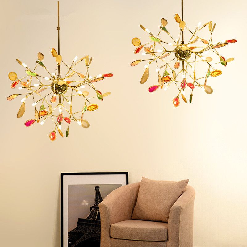 Leaf Agate Pendant Chandelier Modernist LED Gold Hanging Light Fixture for Living Room
