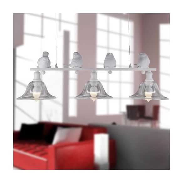 3-Bulb Clear Glass Island Lamp Rustic Black Flared Kitchen Pendant Lighting with Bird Decoration