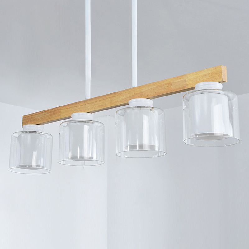 Nordic Linear Island Light Wood 3/4 Heads Dining Room Hanging Lamp with Cylinder White Glass Shade Inside