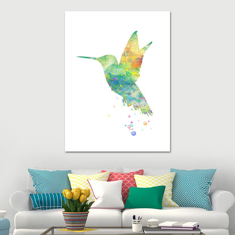 Kids Hummingbird Painting Wall Art Green Watercolor Canvas Print for Child Bedroom