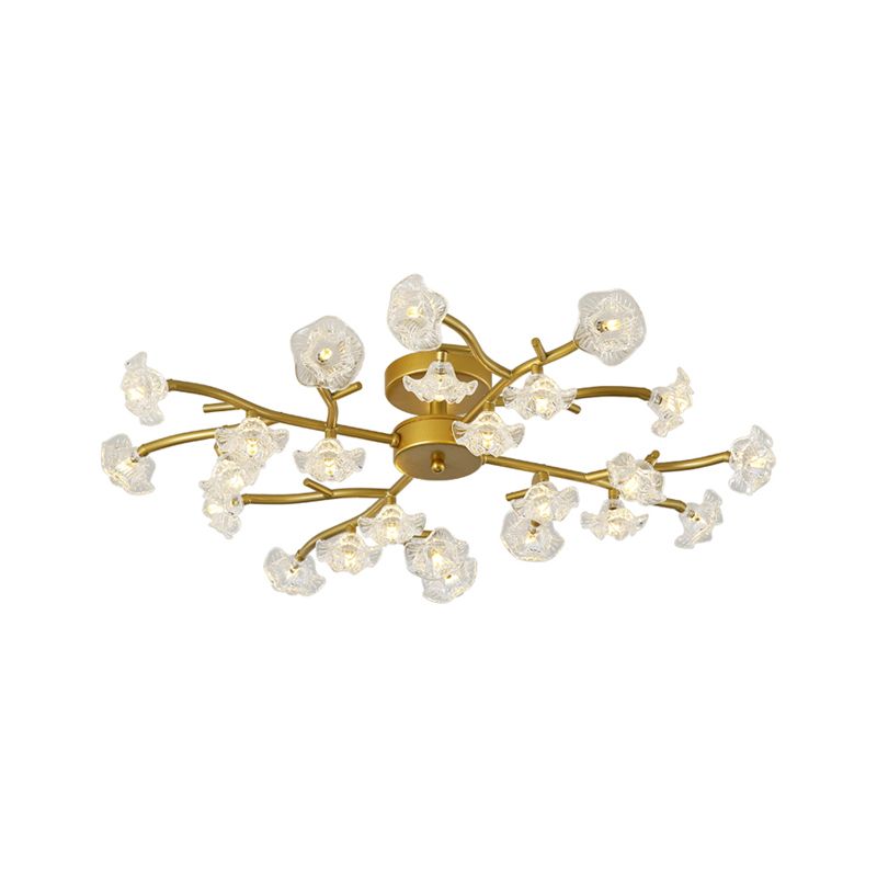 Lustre encastré à branches de fleurs noir/or, plafonnier semi-encastré moderniste en verre transparent à 24 ampoules