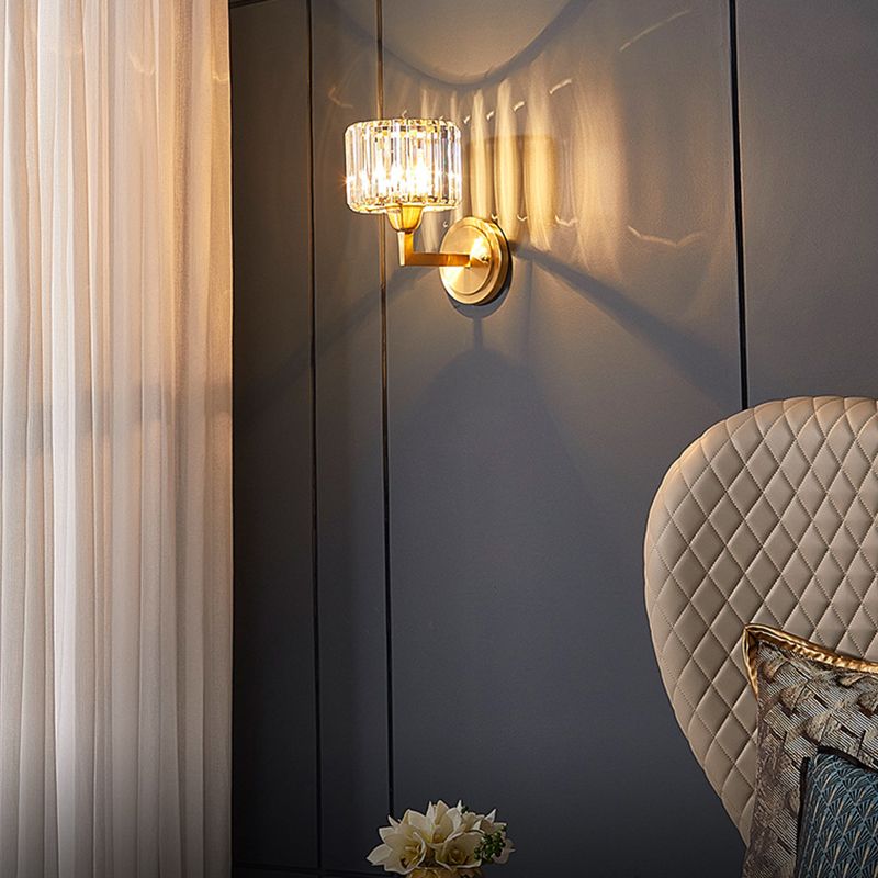 Crystal Cylinder Shape Sconce Light Modern-Style 1 Light Wall Light Fixtures in Gold