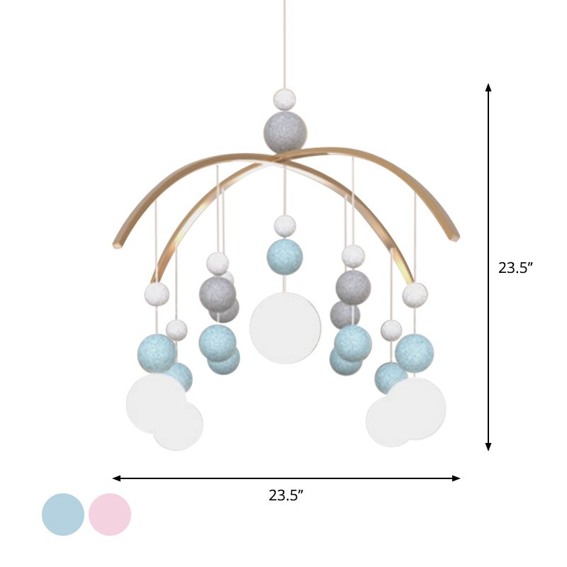Globe Chandelier Light Cartoon White Glass 5-Bulb Pink/Blue Hanging Pendant with Small Ball Decor