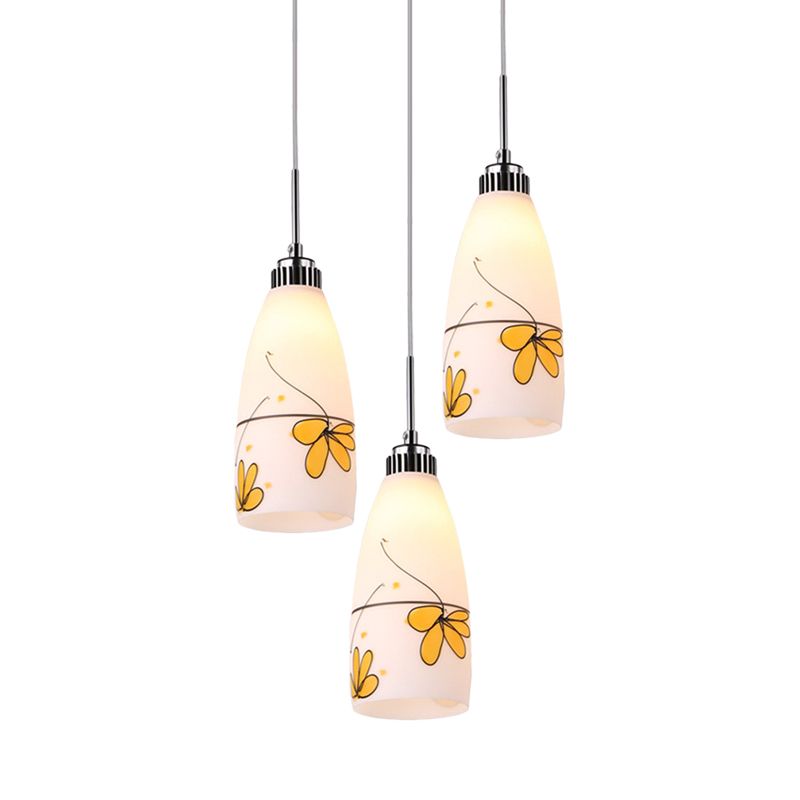 3-Bulb Cone Multiple Hanging Lamp Minimalism Black/Yellow/Blue Printing Glass Pendulum Lamp with Linear/Round Canopy