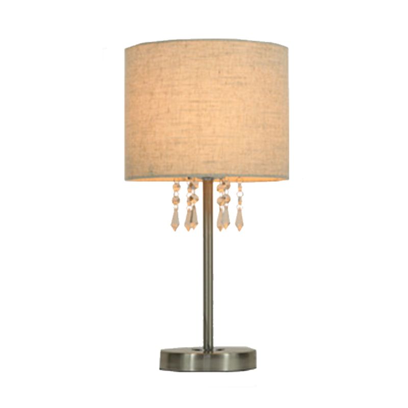 Lampada da tavolo moderna in tessuto Drum, lampada da comodino cromata a 1 lampadina con goccia di cristallo