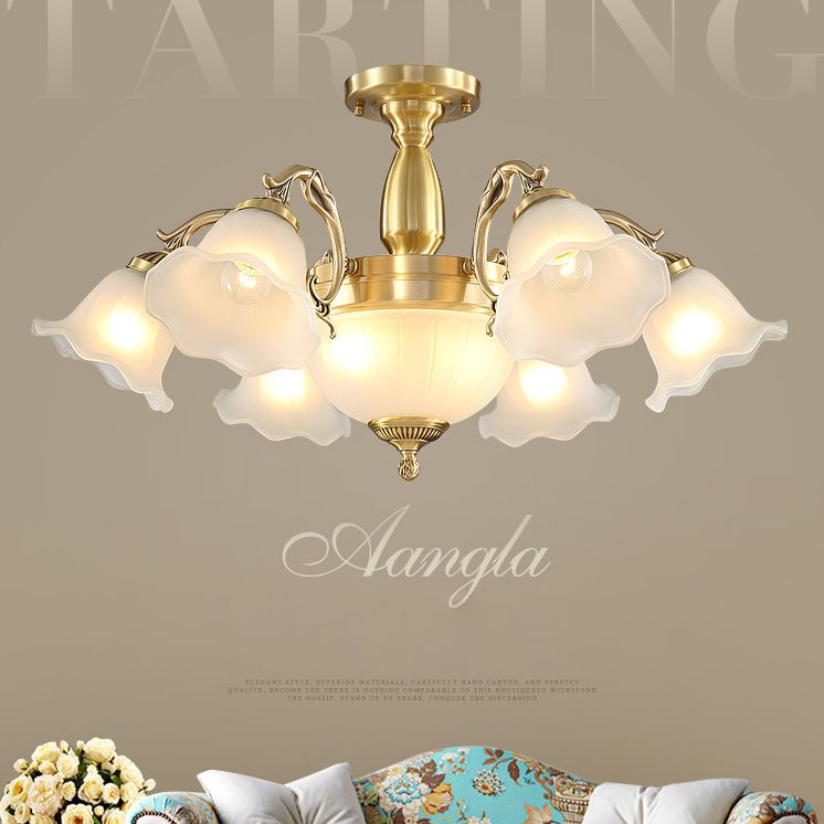 Chandelier floral en laiton Style colonial Grossé salon en verre semi-luxueux Light