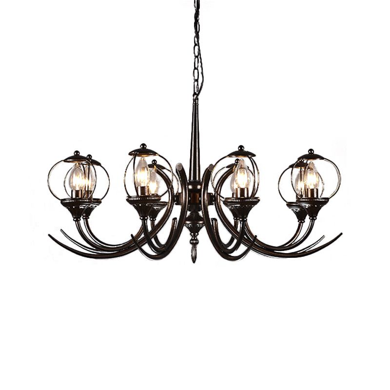 Farmhouse Wire Guard Chandelier Lighting with Curved Arm 8 Heads Iron Hanging Light Fixture in Black