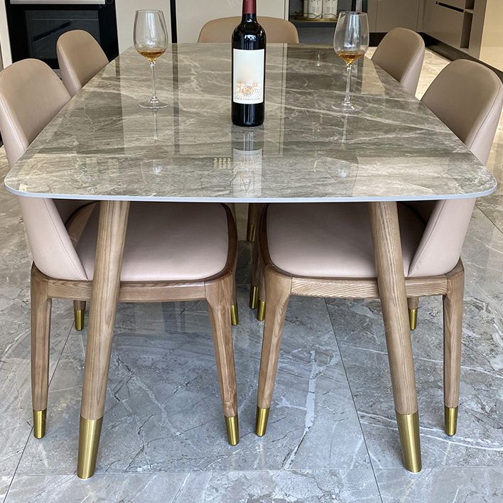 Grey Mid-Century Modern Dining Table Stone Top Wood Base Dining Table