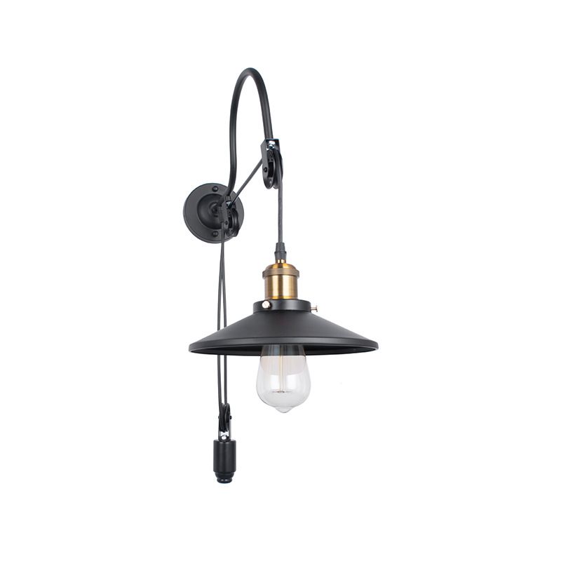 Wide Flare Metal Sconce Lighting Industrial Single Bulb Dining Room Wall Mounted Lamp in Black with Pulley