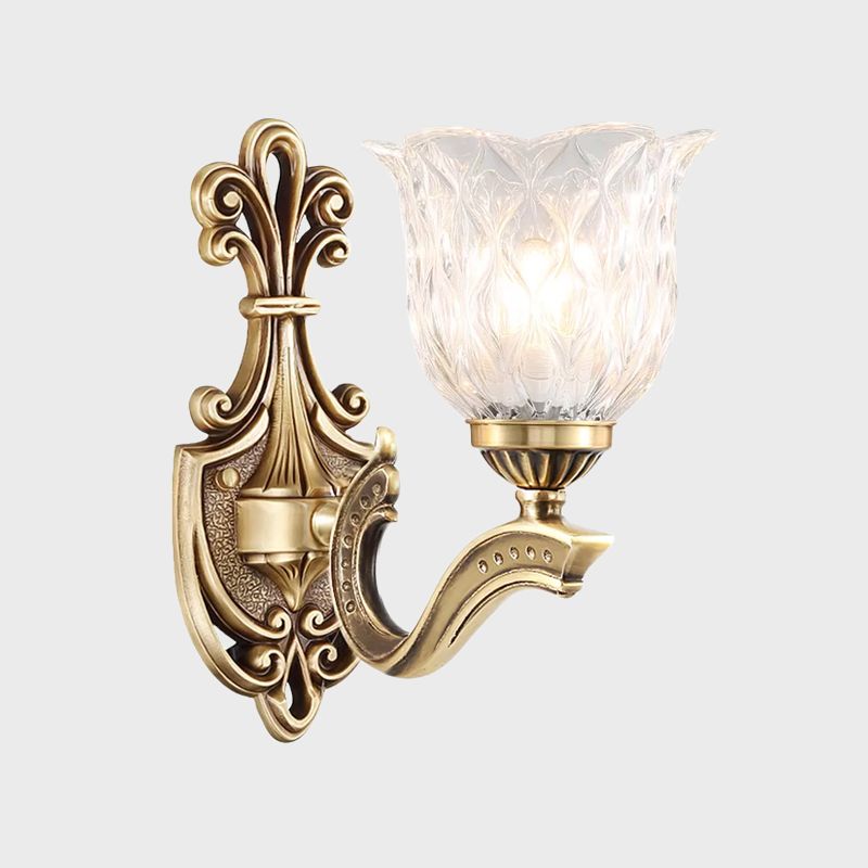 1/2-Head Wall Lighting Idea Cottage Blossom Clear Lattice Glass Brass Sconce Light Fixture