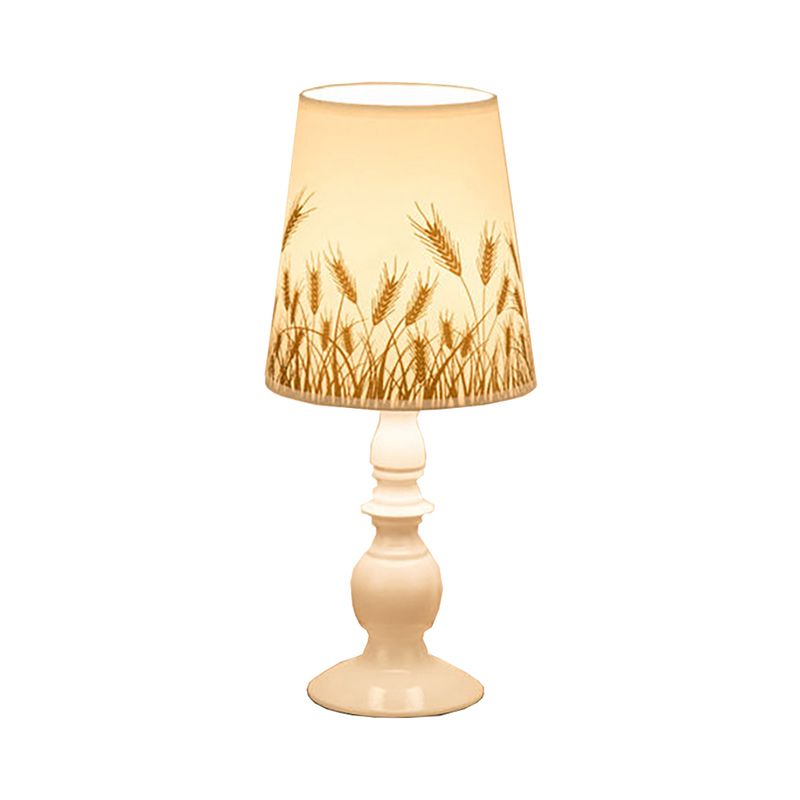 White 1 Head Table Lighting Classic Patterned Fabric Bucket Nightstand Lamp with Baluster Base