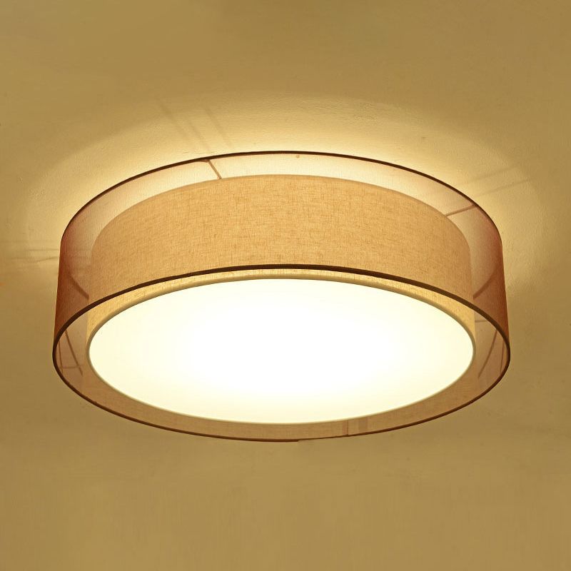Brown Cylindrical Ceiling Light in Traditional Classic Style Wrought Iron Indoor Flush Mount with Flax Fabric Shade