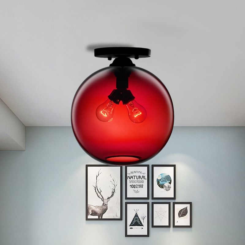 Globe Shade Semi Flush Dining Room Red/Brown/Blue Glass Industrial Style 1/2 Light Black Ceiling Lighting