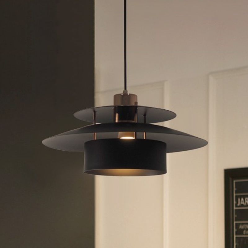 Drum Shade Kitchen Pendant Lighting Fixture Metal 1 Light Minimalist Hanging Lamp Kit in Black