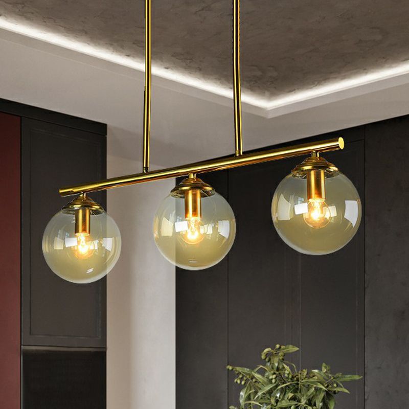 Brass Linear Island Light Fixture Postmodern Metal Ceiling Light with Globe Glass Shade