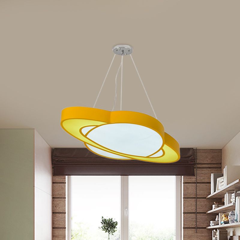 Yellow Planet Suspension Light Fixture Children Style LED Acrylic Hanging Chandelier