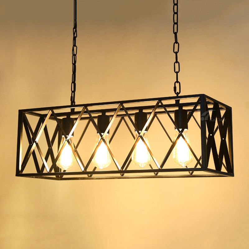Industrial Style Rectangle Island Pendants Metal Pendant Lights in Black for Dining Room
