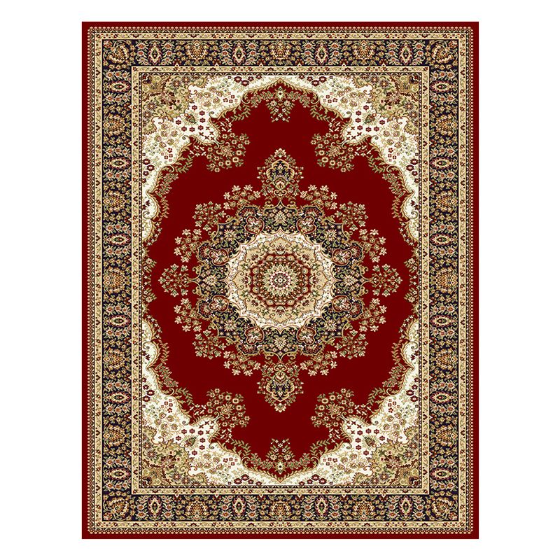 Red Traditional Area Rug Medallion Print Polyester Area Carpet Stain Resistant Rug for Home Decor