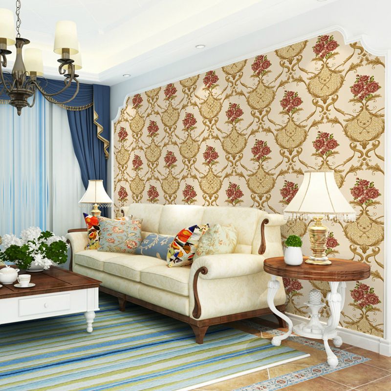 Washable Wallpaper Rural PVC Wall Covering with Blooming Peony Pattern, Unpasted