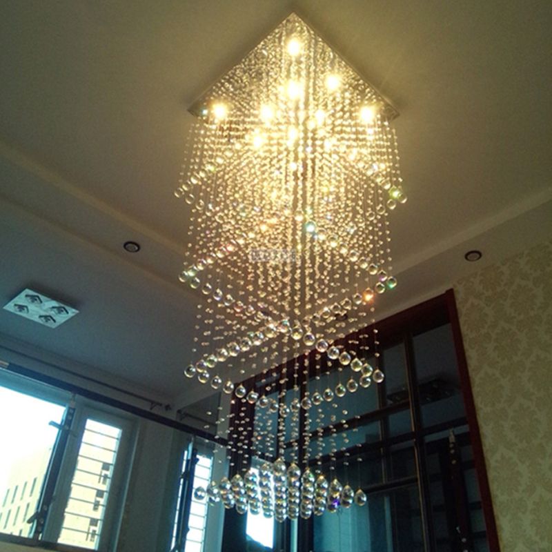 Crystal Square Hanging Light Minimalist 13 Bulbs Stair LED Multi Lamp Pendant in Silver