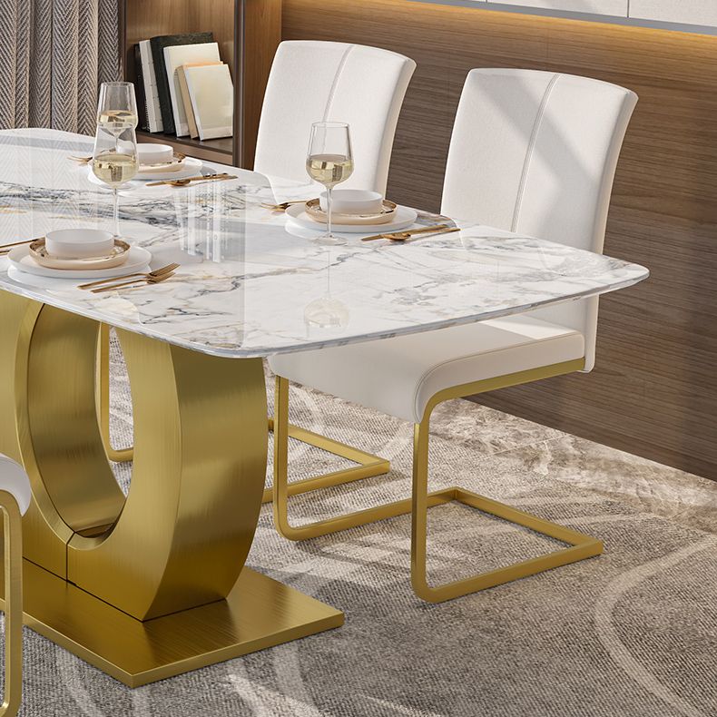 Luxury Sintered Stone Dining Table Rectangle White Table with Metal Pedestal in Gold