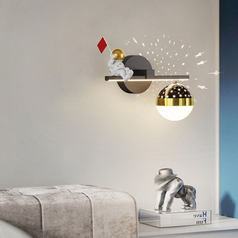 Kids Astronaut Wall Lamp Metal Sconce Lighting in Black and Gold for Bedroom