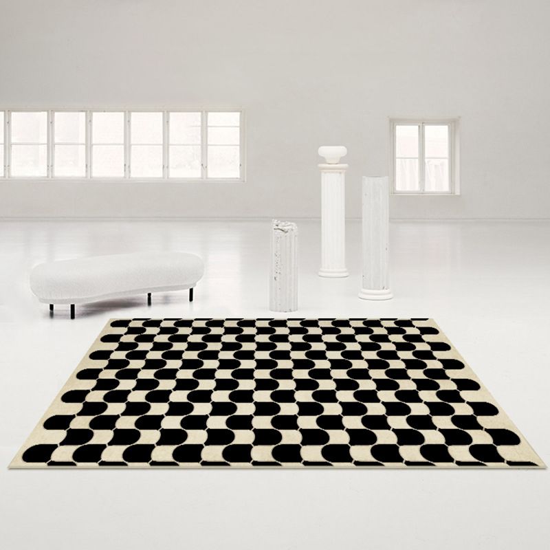 Black Modern Rug Polyester Abstract Grid Rug Non-Slip Backing Rug for Living Room