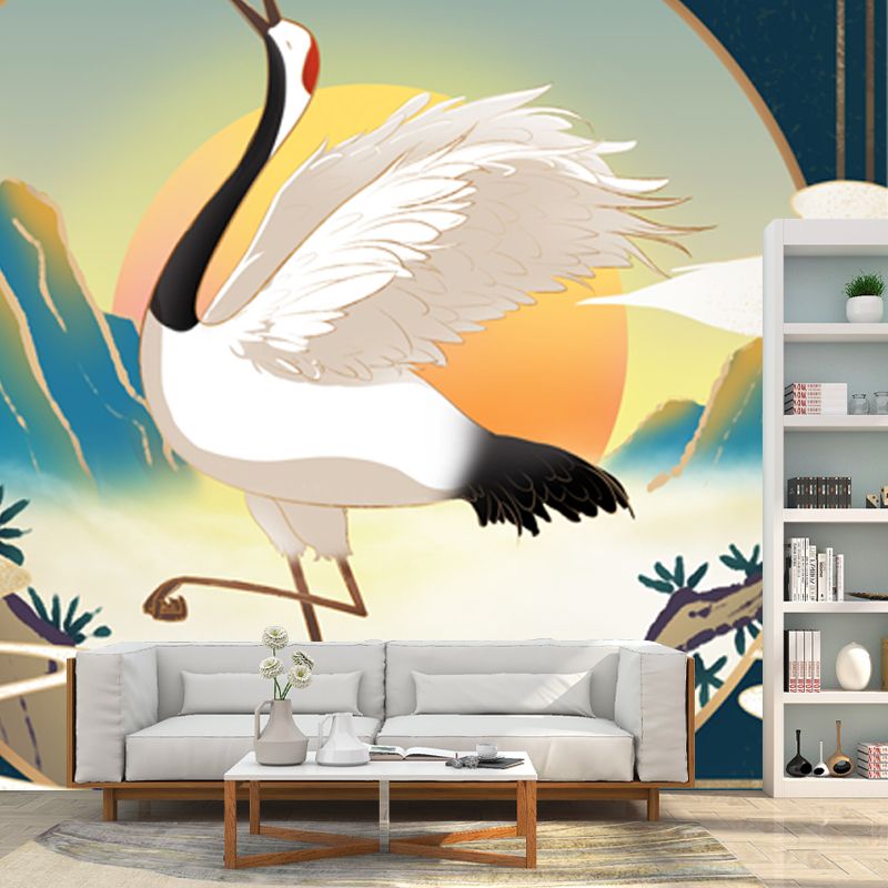 Chinese Halcyon Dancing Mural Decal Blue Moisture Resistant Wall Art for Living Room