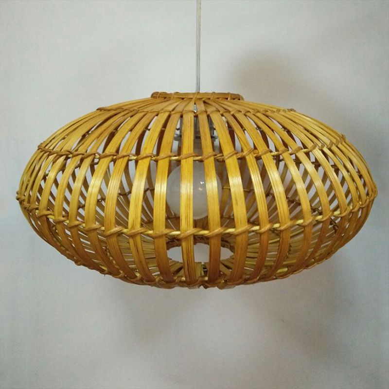 1 Bulb Restaurant Pendant Light Tradition Wood Hanging Lamp Kit with Donut Bamboo Shade