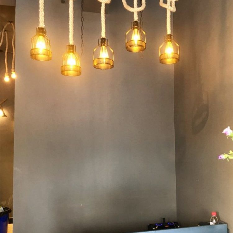 5-Head Rope Pendant Lamp Industrial Beige Linear Restaurant Island Light with Cage